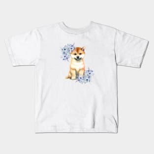 Cute Shiba Inu Dog with Flowers Watercolor Art Kids T-Shirt